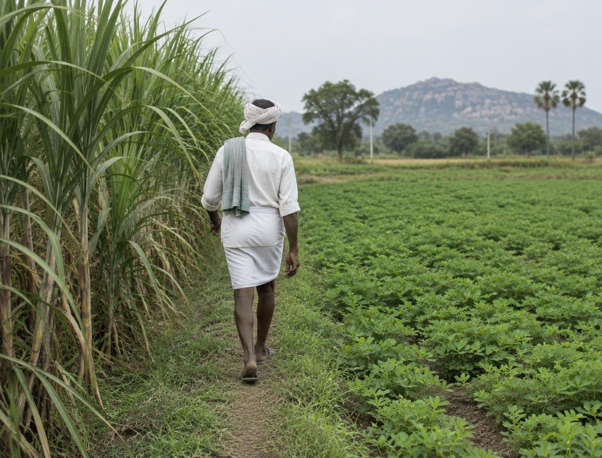Farmer walking between sugarcane and groundnut fields