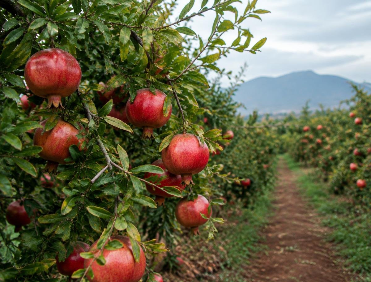 Pomegranate orchard with ripe fruit