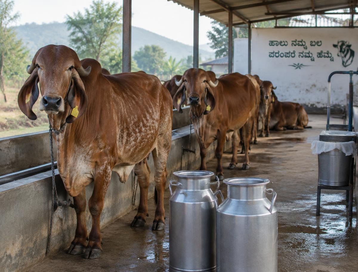 Dairy cattle in a rural shed with steel milk cans