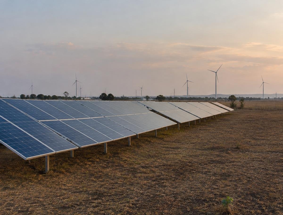 Solar panels on dry farmland with wind turbines in the distance